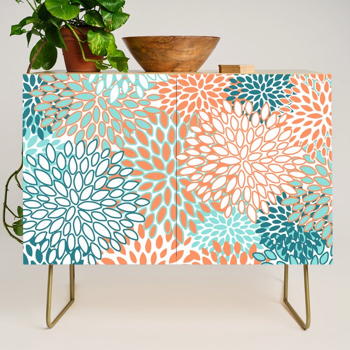 Festive, Floral Prints, Orange and Teal, Abstract Art Credenza Gallery Image 1