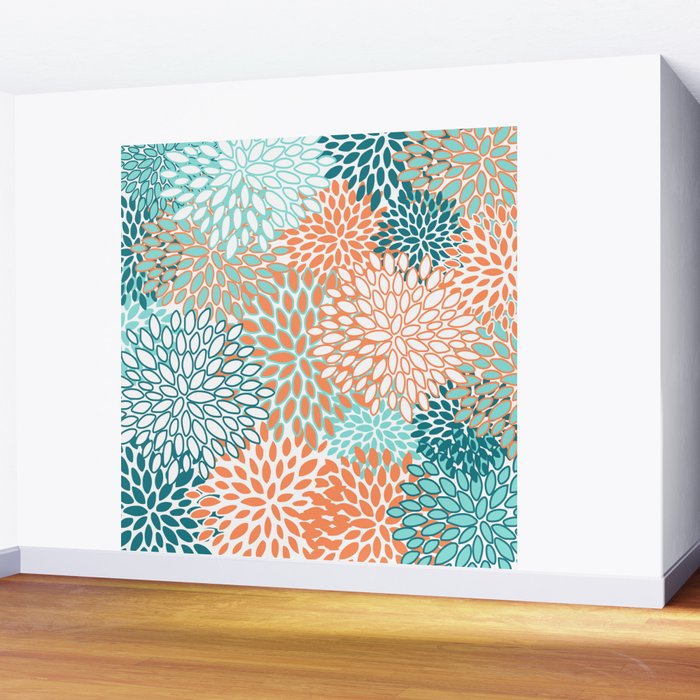 Festive, Floral Prints, Orange and Teal, Abstract Art Wall Mural Gallery Image 2