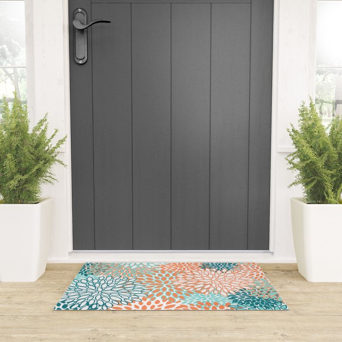 Festive, Floral Prints, Orange and Teal, Abstract Art Welcome Mat Gallery Image 3