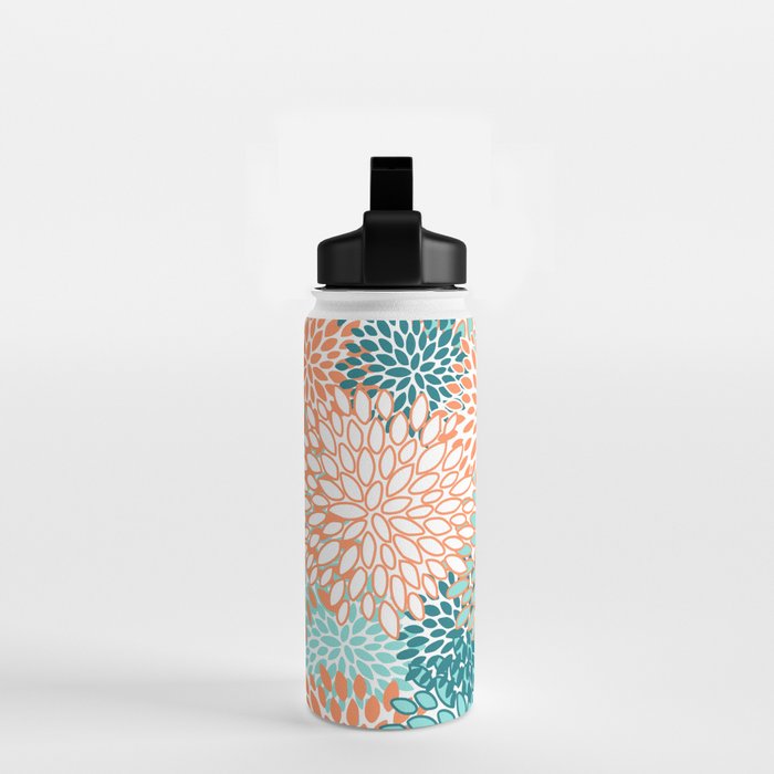 Festive, Floral Prints, Orange and Teal, Abstract Art Water Bottle Gallery Image 2