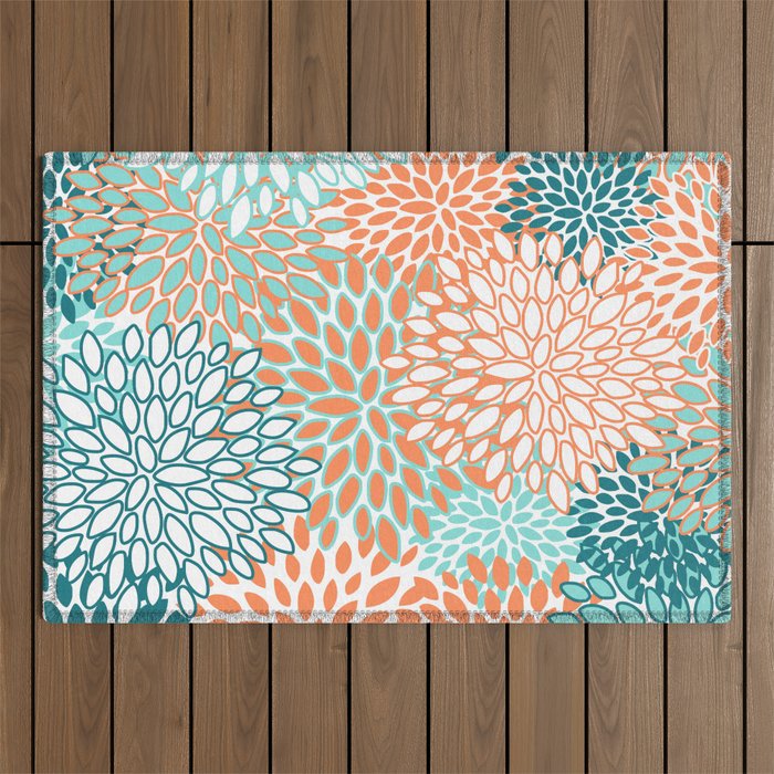 Festive, Floral Prints, Orange and Teal, Abstract Art Outdoor Rug Gallery Image 1