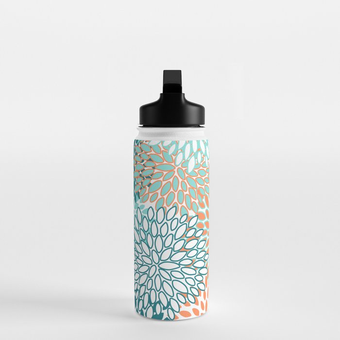 Festive, Floral Prints, Orange and Teal, Abstract Art Water Bottle Gallery Image 3
