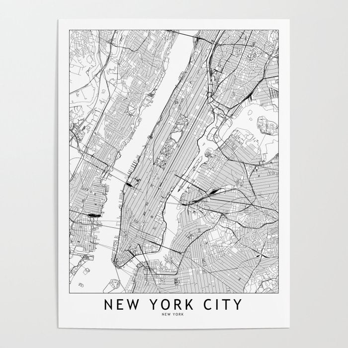 New York City White Map Poster