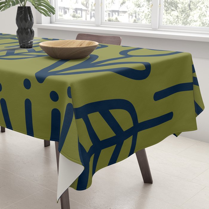 Cheerful Garden Minimalist Retro Botanical Pattern in Navy Blue and Mid Mod Olive Green Tablecloth Gallery Image 3
