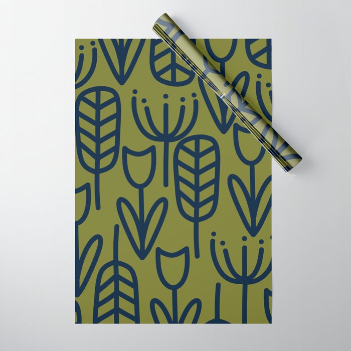 Cheerful Garden Minimalist Retro Botanical Pattern in Navy Blue and Mid Mod Olive Green Wrapping Paper Gallery Image 1