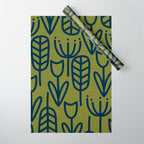 Cheerful Garden Minimalist Retro Botanical Pattern in Navy Blue and Mid Mod Olive Green Wrapping Paper Gallery Image 1