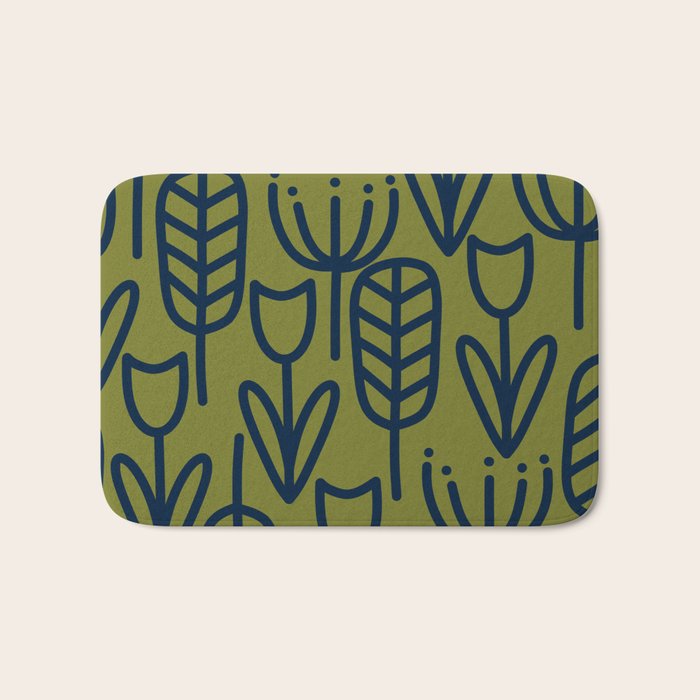 Cheerful Garden Minimalist Retro Botanical Pattern in Navy Blue and Mid Mod Olive Green Bath Mat Gallery Image 1