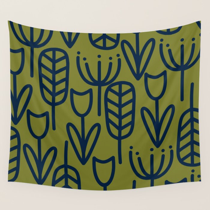 Cheerful Garden Minimalist Retro Botanical Pattern in Navy Blue and Mid Mod Olive Green Wall Tapestry Gallery Image 1