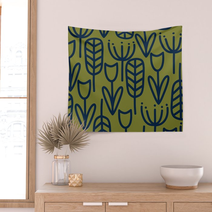 Cheerful Garden Minimalist Retro Botanical Pattern in Navy Blue and Mid Mod Olive Green Wall Tapestry Gallery Image 2