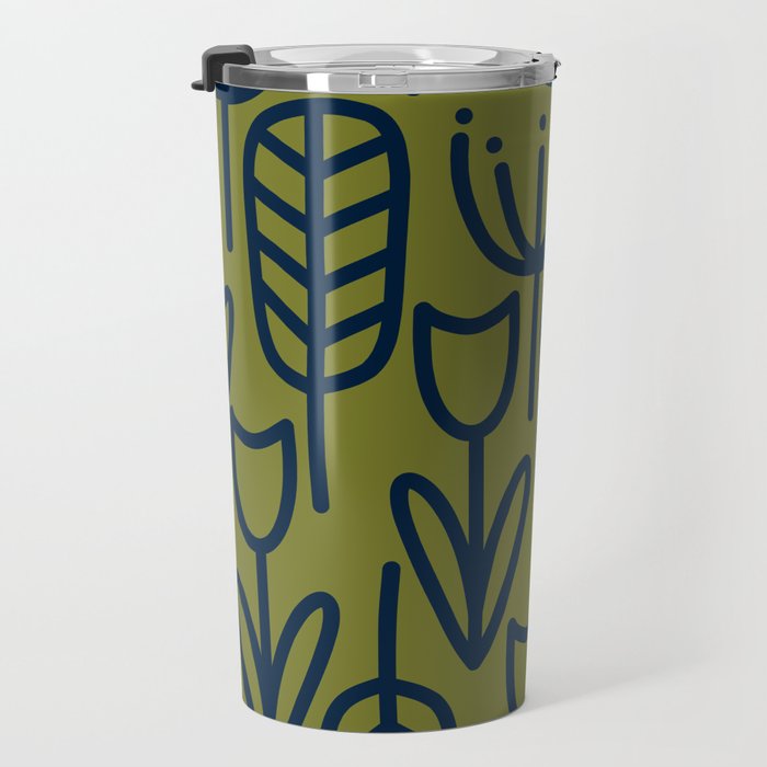 Cheerful Garden Minimalist Retro Botanical Pattern in Navy Blue and Mid Mod Olive Green Travel Mug Gallery Image 3