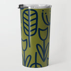 Cheerful Garden Minimalist Retro Botanical Pattern in Navy Blue and Mid Mod Olive Green Travel Mug Gallery Image 3