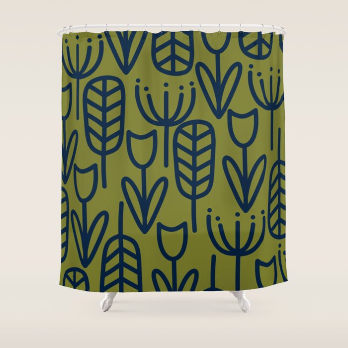 Cheerful Garden Minimalist Retro Botanical Pattern in Navy Blue and Mid Mod Olive Green Shower Curtain Gallery Image 1