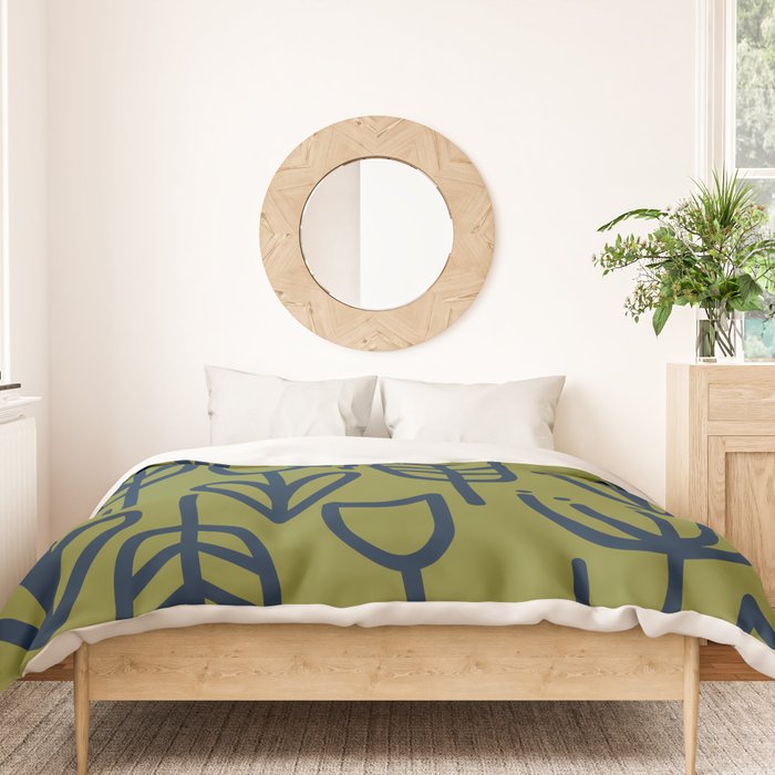 Cheerful Garden Minimalist Retro Botanical Pattern in Navy Blue and Mid Mod Olive Green Duvet Cover Gallery Image 3