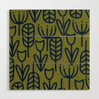 Cheerful Garden Minimalist Retro Botanical Pattern in Navy Blue and Mid Mod Olive Green Wood Wall Art Gallery Image 1