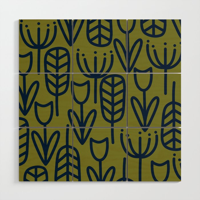Cheerful Garden Minimalist Retro Botanical Pattern in Navy Blue and Mid Mod Olive Green Wood Wall Art Gallery Image 1