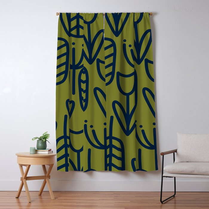 Cheerful Garden Minimalist Retro Botanical Pattern in Navy Blue and Mid Mod Olive Green Window Curtain Gallery Image 5