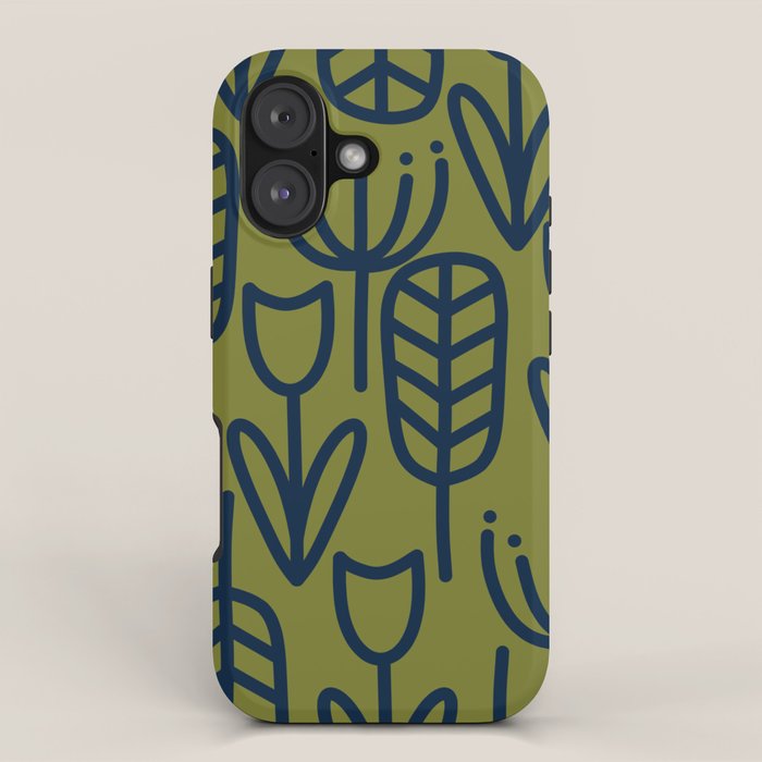 Cheerful Garden Minimalist Retro Botanical Pattern in Navy Blue and Mid Mod Olive Green iPhone Case Gallery Image 1