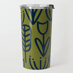 Cheerful Garden Minimalist Retro Botanical Pattern in Navy Blue and Mid Mod Olive Green Travel Mug Gallery Image 2