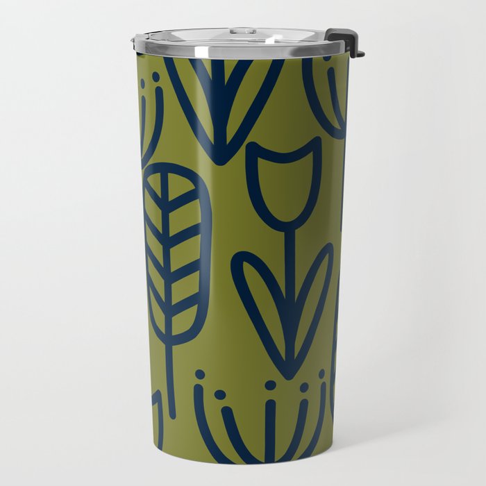 Cheerful Garden Minimalist Retro Botanical Pattern in Navy Blue and Mid Mod Olive Green Travel Mug Gallery Image 2