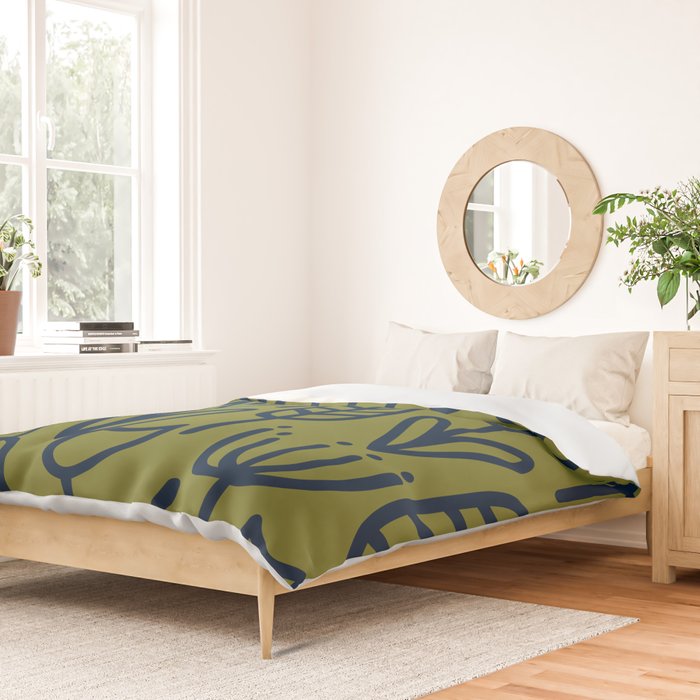 Cheerful Garden Minimalist Retro Botanical Pattern in Navy Blue and Mid Mod Olive Green Duvet Cover Gallery Image 2