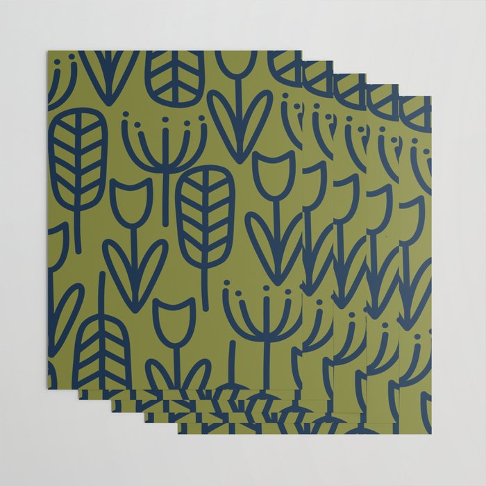 Cheerful Garden Minimalist Retro Botanical Pattern in Navy Blue and Mid Mod Olive Green Wrapping Paper Gallery Image 3