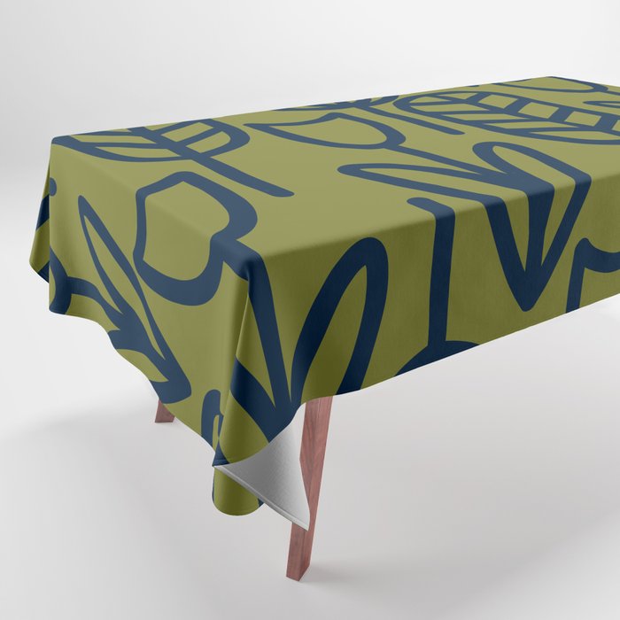 Cheerful Garden Minimalist Retro Botanical Pattern in Navy Blue and Mid Mod Olive Green Tablecloth Gallery Image 1