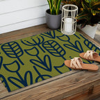 Cheerful Garden Minimalist Retro Botanical Pattern in Navy Blue and Mid Mod Olive Green Outdoor Rug Gallery Image 2