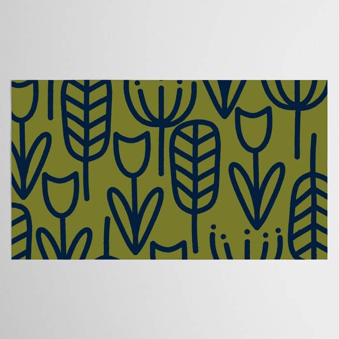 Cheerful Garden Minimalist Retro Botanical Pattern in Navy Blue and Mid Mod Olive Green Tablecloth Gallery Image 2