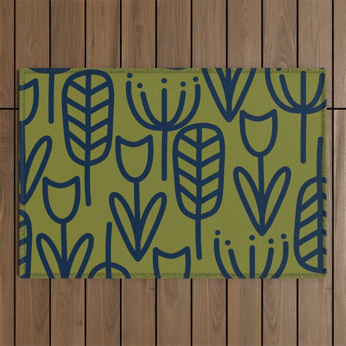 Cheerful Garden Minimalist Retro Botanical Pattern in Navy Blue and Mid Mod Olive Green Outdoor Rug Gallery Image 1