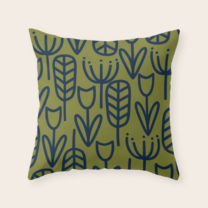 Cheerful Garden Minimalist Retro Botanical Pattern in Navy Blue and Mid Mod Olive Green Throw Pillow Gallery Image 1