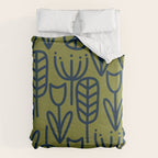 Cheerful Garden Minimalist Retro Botanical Pattern in Navy Blue and Mid Mod Olive Green Duvet Cover Gallery Image 6