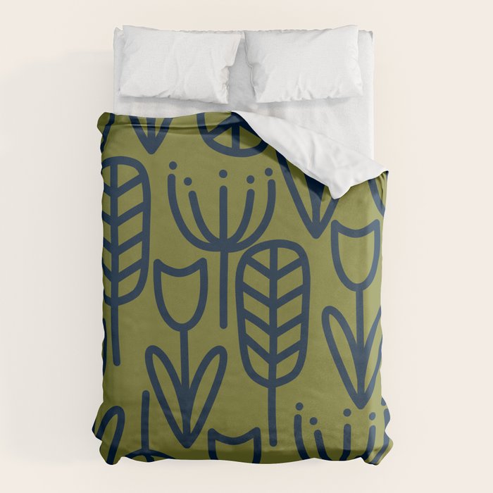 Cheerful Garden Minimalist Retro Botanical Pattern in Navy Blue and Mid Mod Olive Green Duvet Cover Gallery Image 6