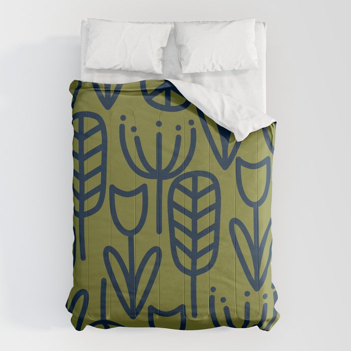 Cheerful Garden Minimalist Retro Botanical Pattern in Navy Blue and Mid Mod Olive Green Comforter Gallery Image 6