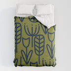 Cheerful Garden Minimalist Retro Botanical Pattern in Navy Blue and Mid Mod Olive Green Comforter Gallery Image 6