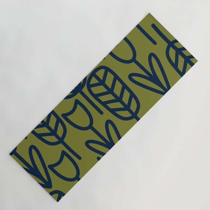 Cheerful Garden Minimalist Retro Botanical Pattern in Navy Blue and Mid Mod Olive Green Yoga Mat Gallery Image 1