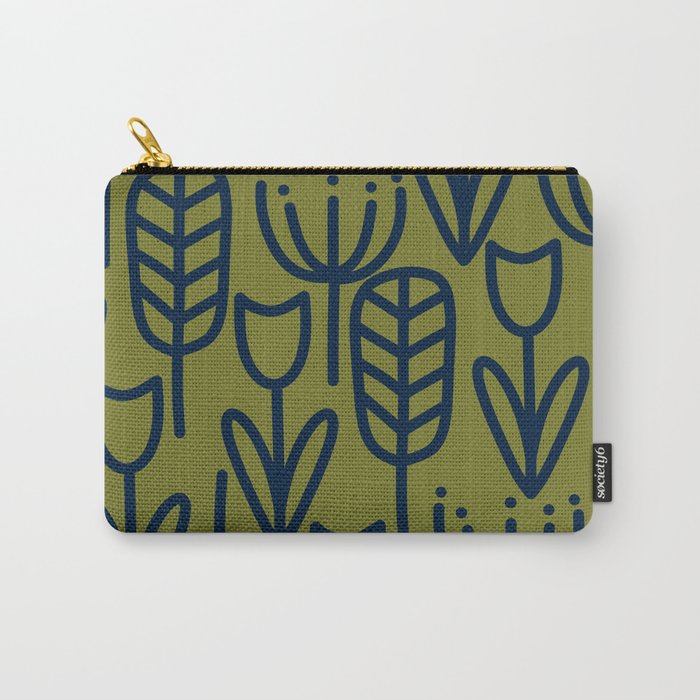 Cheerful Garden Minimalist Retro Botanical Pattern in Navy Blue and Mid Mod Olive Green Carry All Pouch Gallery Image 1