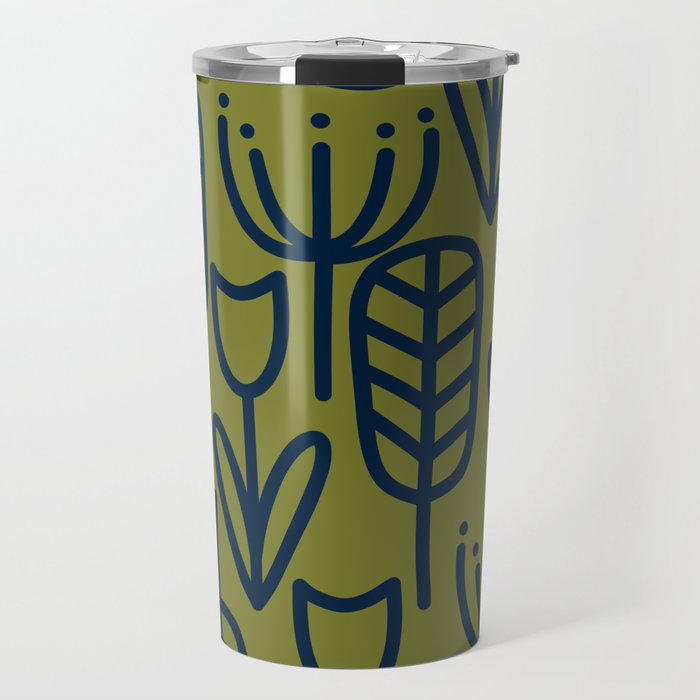 Cheerful Garden Minimalist Retro Botanical Pattern in Navy Blue and Mid Mod Olive Green Travel Mug Gallery Image 1