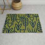 Cheerful Garden Minimalist Retro Botanical Pattern in Navy Blue and Mid Mod Olive Green Rug Gallery Image 1