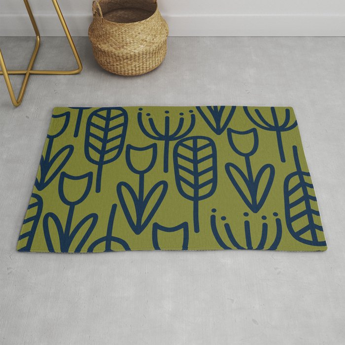 Cheerful Garden Minimalist Retro Botanical Pattern in Navy Blue and Mid Mod Olive Green Rug Gallery Image 1