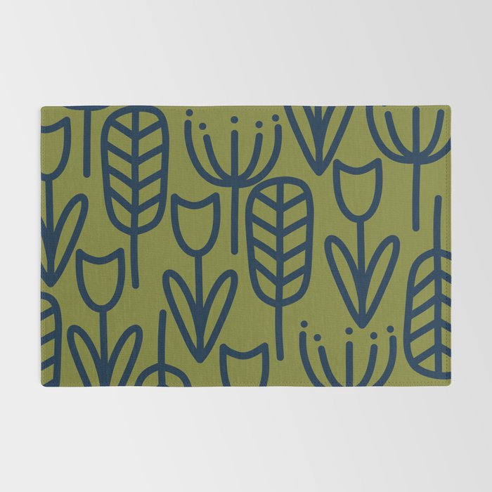 Cheerful Garden Minimalist Retro Botanical Pattern in Navy Blue and Mid Mod Olive Green Rug Gallery Image 2