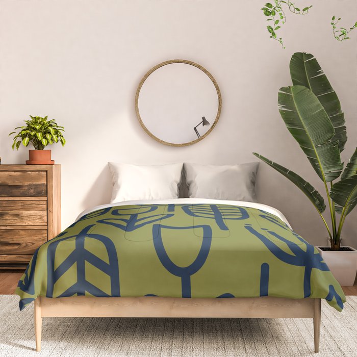 Cheerful Garden Minimalist Retro Botanical Pattern in Navy Blue and Mid Mod Olive Green Comforter Gallery Image 3