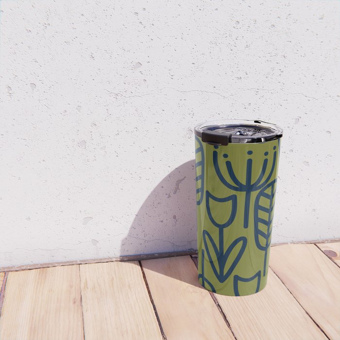 Cheerful Garden Minimalist Retro Botanical Pattern in Navy Blue and Mid Mod Olive Green Travel Mug Gallery Image 4