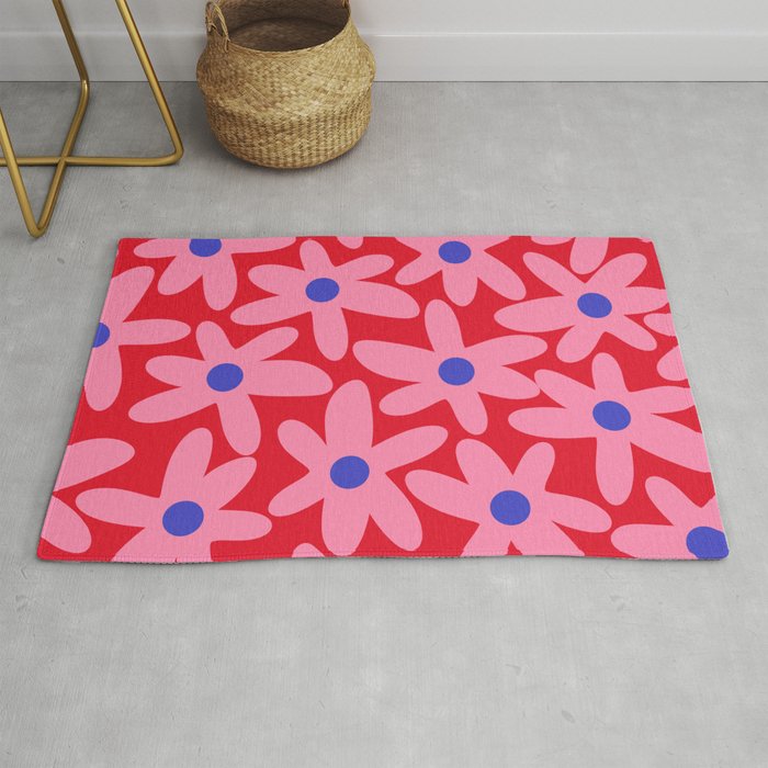 Daisy Time Floral Pattern Magenta Fuchsia Pink Blue Rug Gallery Image 1