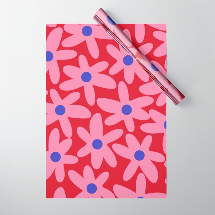 Daisy Time Floral Pattern Magenta Fuchsia Pink Blue Wrapping Paper Gallery Image 1