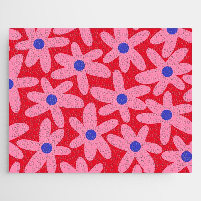 Daisy Time Floral Pattern Magenta Fuchsia Pink Blue Jigsaw Puzzle Gallery Image 1