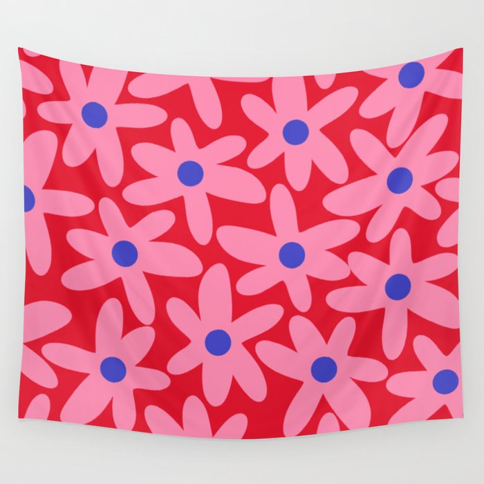 Daisy Time Floral Pattern Magenta Fuchsia Pink Blue Wall Tapestry Gallery Image 1