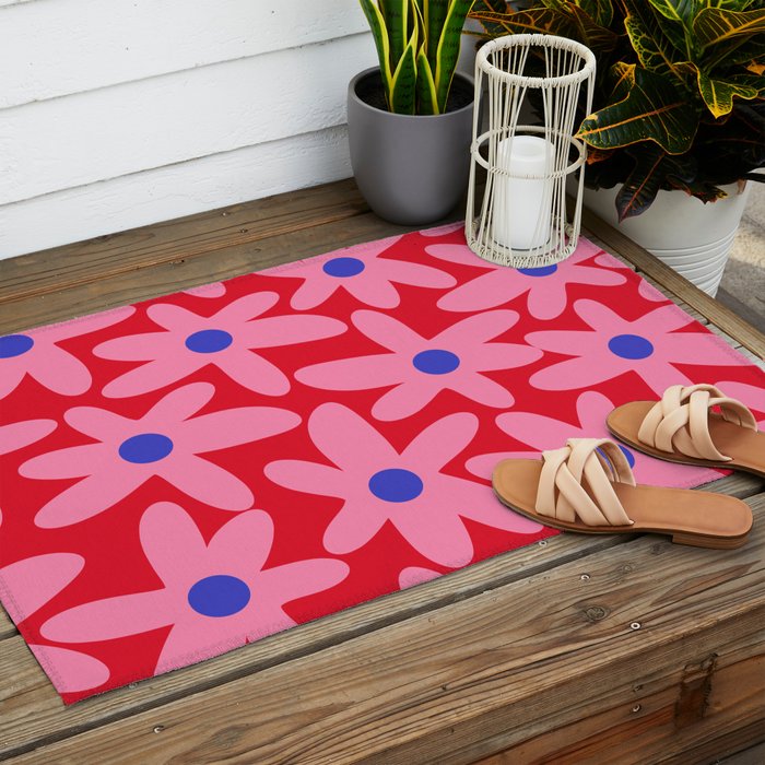 Daisy Time Floral Pattern Magenta Fuchsia Pink Blue Outdoor Rug Gallery Image 2