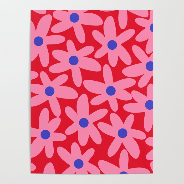 Daisy Time Floral Pattern Magenta Fuchsia Pink Blue Poster Gallery Image 4