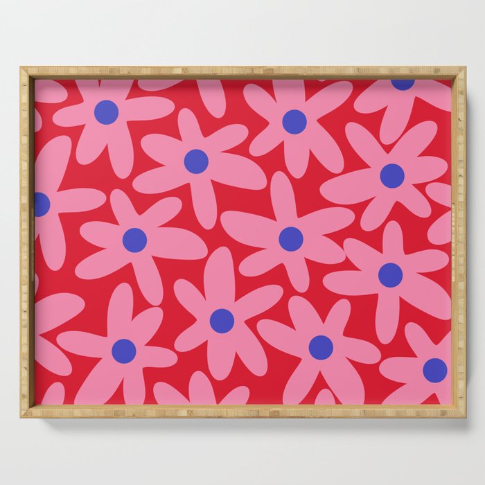 Daisy Time Floral Pattern Magenta Fuchsia Pink Blue Serving Tray Gallery Image 1
