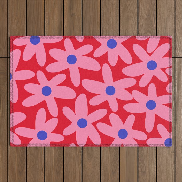 Daisy Time Floral Pattern Magenta Fuchsia Pink Blue Outdoor Rug Gallery Image 1